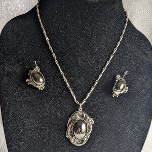 Vintage Ornate Hematite Pendant Necklace and Matching Earrings Set